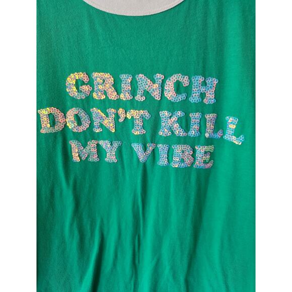 Pink Victoria's Secret Grinch Christmas Top S Womens Green Sequin Short Sleeve - Picture 4 of 6